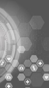 Monochrome medical background with hexagons and icons in grey pattern, circles. Loop animation. Vertical video.