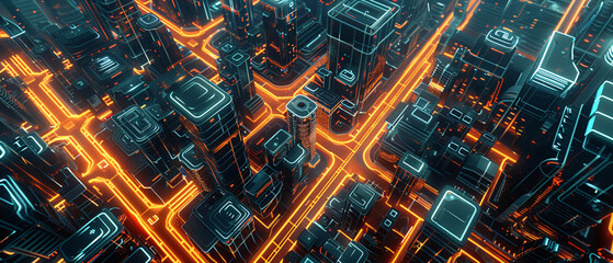 Aerial view of a futuristic city with glowing orange digital pathways - obrazy, fototapety, plakaty