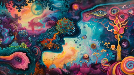 Dive into a surrealistic landscape where dreams meet reality, using vivid colors and intricate detailing in your acrylic painting Explore psychological concepts with unexpected camera angles to captur