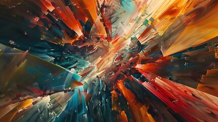 Explore the fusion of traditional oil painting with futuristic 3D rendering techniques from a low-angle view, capturing the essence of abstract art in a whole new light