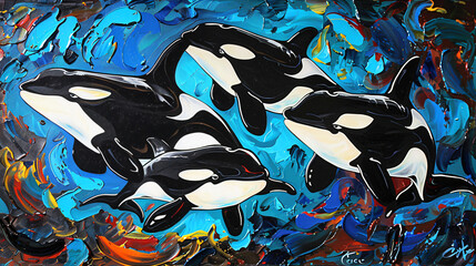 Obraz na płótnie Canvas Abstract Painting of Orcas Swimming