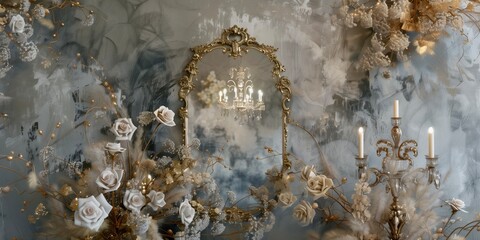 the dynamic of nostalgia mirror rooms vintage chandelier and golden mirrors wall style of classic wallpaper abundance of flowers black white flowers roses made mist new gold bioluminescent background
