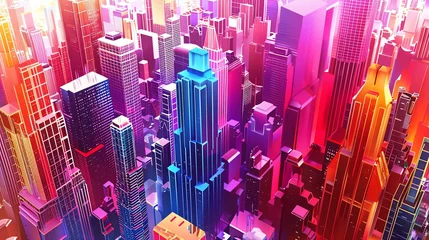 Poster Illustrate a cityscape with towering, abstract architecture in vibrant, exaggerated colors Employ CG 3D rendering to bring a surreal twist to traditional urban landscapes, playing with scale and persp © Samaphon