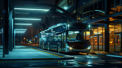 Night scene at a contemporary bus depot with an electric bus under the glow of energy-efficient lighting - obrazy, fototapety, plakaty