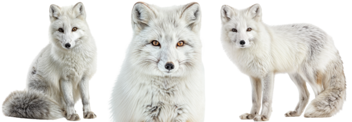 Arctic fox bundle, sitting, portrait and standing, animal collection isolated on a white background