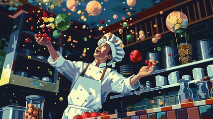 Illustrate a scene in pixel art style that portrays a whimsical low-angle view of a chef juggling colorful ingredients in a playful and unexpected manner, blending the worlds of culinary arts and imag