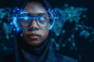 A beautiful businesswoman wearing hijab with glowing blue eyes on a digital background