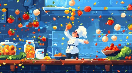 Illustrate a scene in pixel art style that portrays a whimsical low-angle view of a chef juggling colorful ingredients in a playful and unexpected manner, blending the worlds of culinary arts and imag