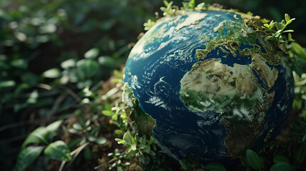 Obraz na płótnie Canvas Artistic Earth globe flourishing with dense green plants highlighting the critical role of nature in environmental health