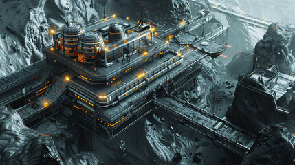 Futuristic industrial complex nestled in a craggy mountainous terrain