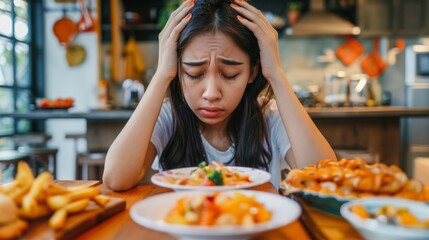 Distressed young lady with a variety of dishes on table, looking stressed about making a food...