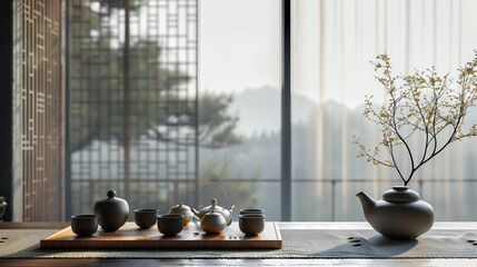 Peaceful room with chinese tea andview of a beautiful garden
