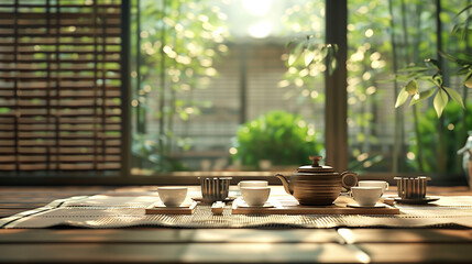Peaceful room with chinese tea andview of a beautiful garden
