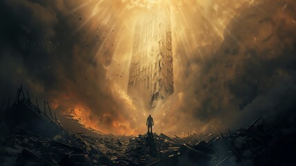 Illustrate a worms-eye view of a towering survivor emerging from rubble, lit with a warm spotlight evoking hope in a dystopian setting using acrylic