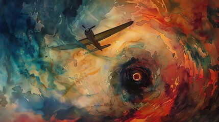 Illustrate Amelia Earharts final flight with a hauntingly beautiful composition, showcasing her plane disappearing into a mysterious, ethereal vortex, rendered in vivid watercolors