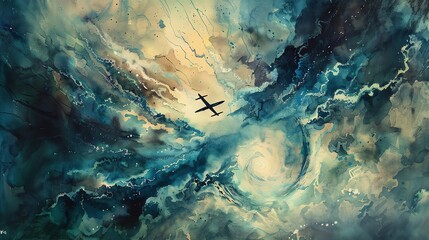 Illustrate Amelia Earharts final flight with a hauntingly beautiful composition, showcasing her plane disappearing into a mysterious, ethereal vortex, rendered in vivid watercolors - obrazy, fototapety, plakaty