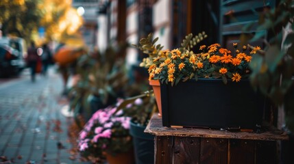 Seasonal orange flowers in a planter box decorating a city street with blurred background.