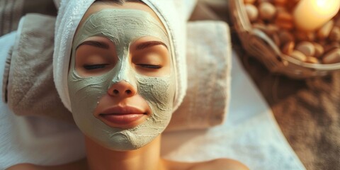 A serene woman enjoying a facial clay mask at a tranquil spa, embodying relaxation and self-care.