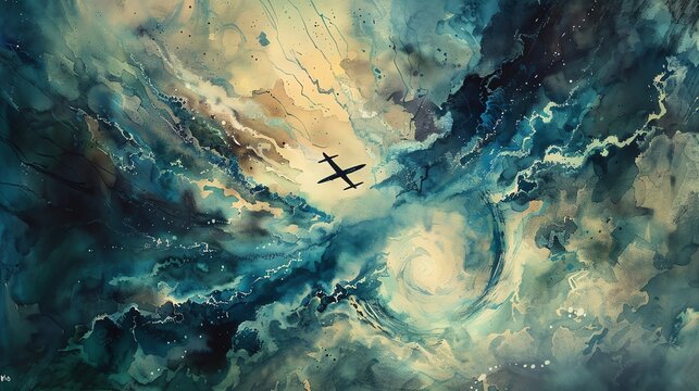Illustrate Amelia Earharts final flight with a hauntingly beautiful composition, showcasing her plane disappearing into a mysterious, ethereal vortex, rendered in vivid watercolors