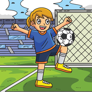 Soccer Girl Balancing Ball on Knee Colored Cartoon