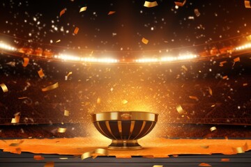 Orange background, lights and golden confetti on the orange background, football stadium with spotlights, banner for sports events