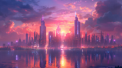 Fototapeta na wymiar Sci-Fi City Skyline with Purple and Cyan Neon, Futuristic SciFi Cityscape Gradient Wallpaper in 8K HighQuality Digital Art 