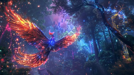 Imagine a majestic phoenix soaring through a mystical forest filled with neon lights and floating digital displays of futuristic patterns Digital Rendering Techniques, glitch art, vector, - obrazy, fototapety, plakaty