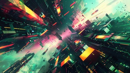 Imagine a pixel art masterpiece that blends vibrant colors and geometric shapes, viewed from a unique low-angle perspective that adds depth and dimension to the futuristic theme