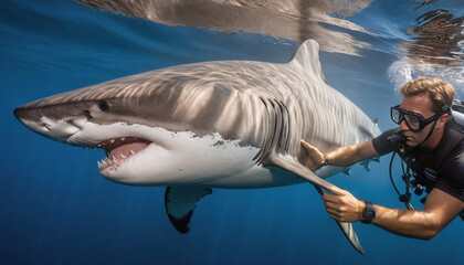 Marine Biologist Tagging Sharks for Conservation Research. in the open sea, tags sharks as part of a conservation research project. The biologist's careful approach to the majestic creatures