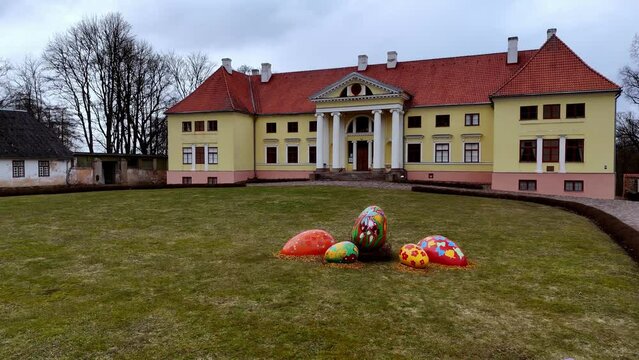 drone rotate around Durbe Manor  Neoclassical manor house located in Tukums, in the historical region of Zemgale, in Latvia