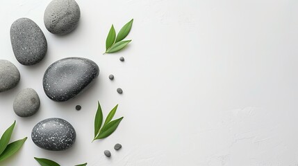 Black stones and green leaves on white background.