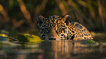 Adult Jaguar in the Waters of Cuba River at Pantanal background