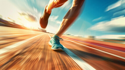 Powerful legs of a sprinter caught in full speed with motion blur on a sunlit track   depicting peak athletic performance - obrazy, fototapety, plakaty