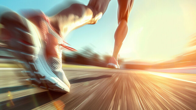 Powerful legs of a sprinter caught in full speed with motion blur on a sunlit track   depicting peak athletic performance