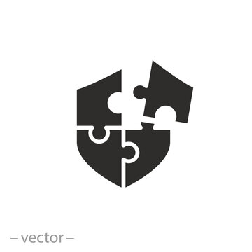 cyberspace safety icon, puzzle shield, virus security, protect solution, flat symbol on white background - vector illustration