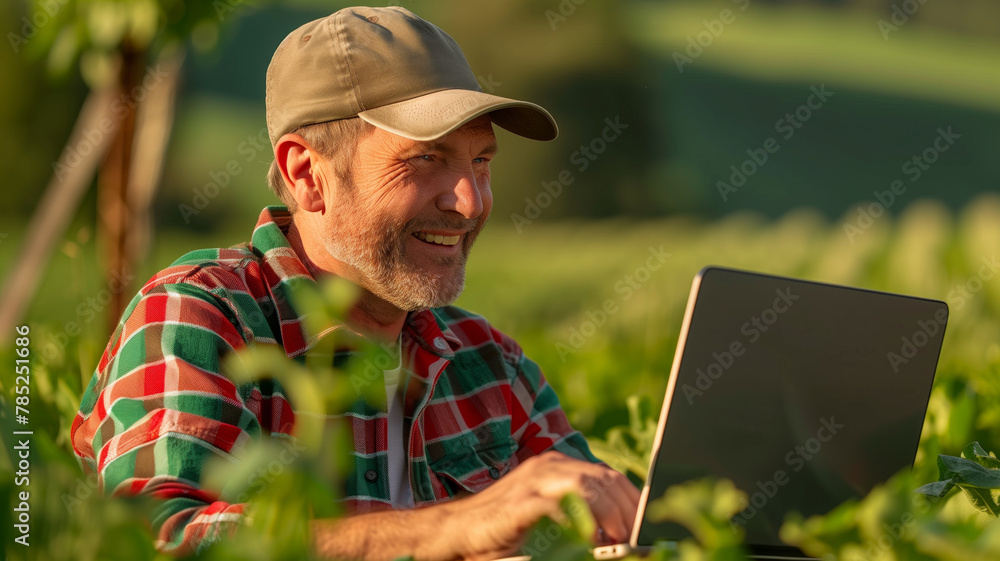 Poster a man is sitting in a field and using a laptop. he is smiling and he is enjoying himself. face of ha