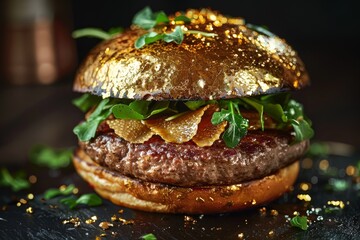 Luxury gold leaf gourmet burger on dark background