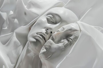 Sculpture of woman with face covered in white fabric and man sleeping next to her in peaceful embrace
