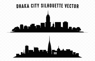 Dhaka City Skyline Silhouettes Vector, City buildings black Silhouette isolated on a white background