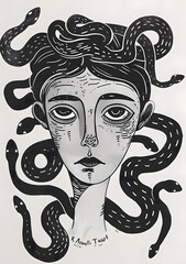Creative drawing of the head statue of Medusa with snakes
