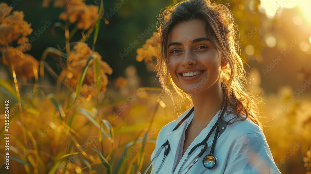 Poster scientist in white lab coat standing in field with sun in background conducting research experiment