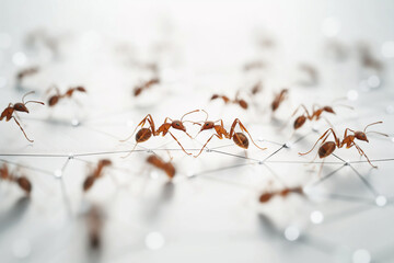 Group of ants on a white background. The concept of teamwork and unity.
