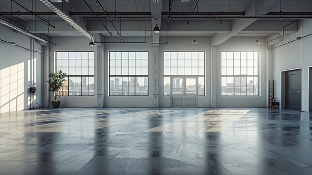 Spacious and bright open concept workshop with empty versatile area