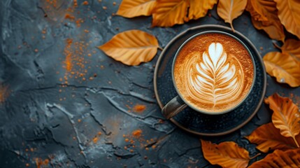 Pumpkin spice latte with artistic foam on a dark backdrop, autumn leaves around