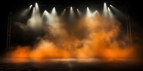 Orange stage background, orange spotlight light effects, dark atmosphere, smoke and mist, simple stage background, stage lighting, spotlights