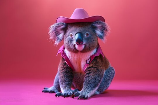 Capture the essence of whimsical adventure with a long shot featuring a vibrant magenta koala wearing a cowboy hat Add a touch of Leggotype font for a playful and modern twist Burneum the scene with c