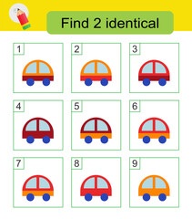 Fun puzzle game for kids. Need to find two identical cars. Answer is 6,7.