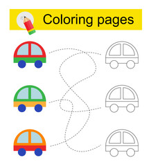 Educational game for kids. Go through the maze and color a cartoon car according to the pattern.