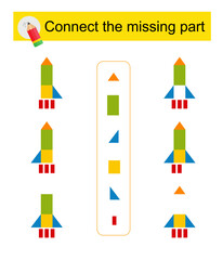 Connect the missing part. Task for the development of attention and logic. Cartoon rocket ship.