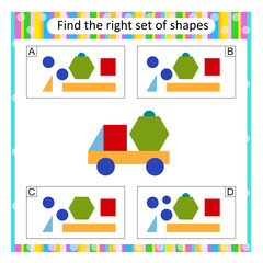 Puzzle game for children. Find the correct set of cartoon truck. Answer is B.